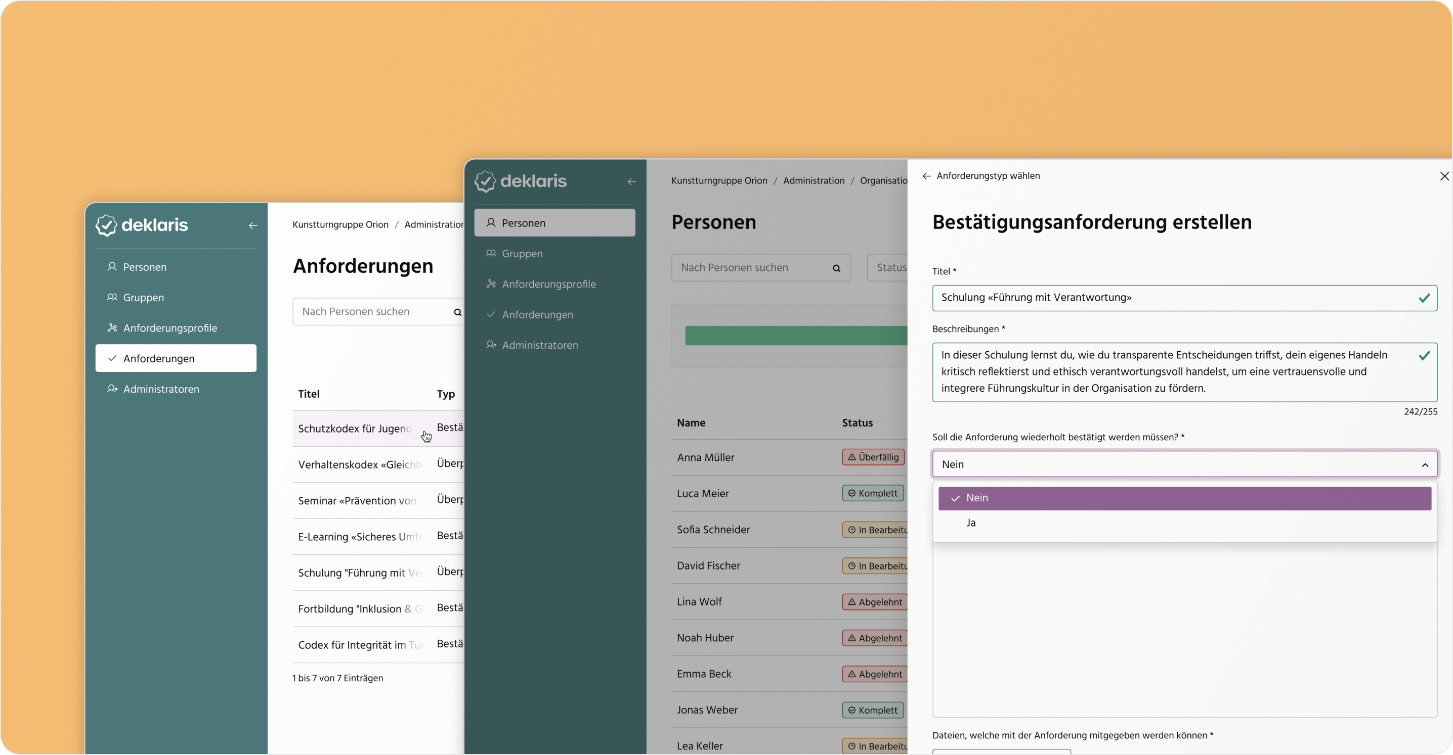 Anforderungen und Schulungen definieren in Deklaris