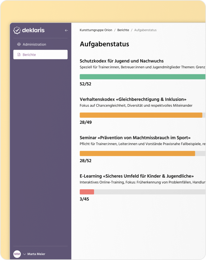 Compliance-Dashboard mit Fortschrittsübersicht in Deklaris